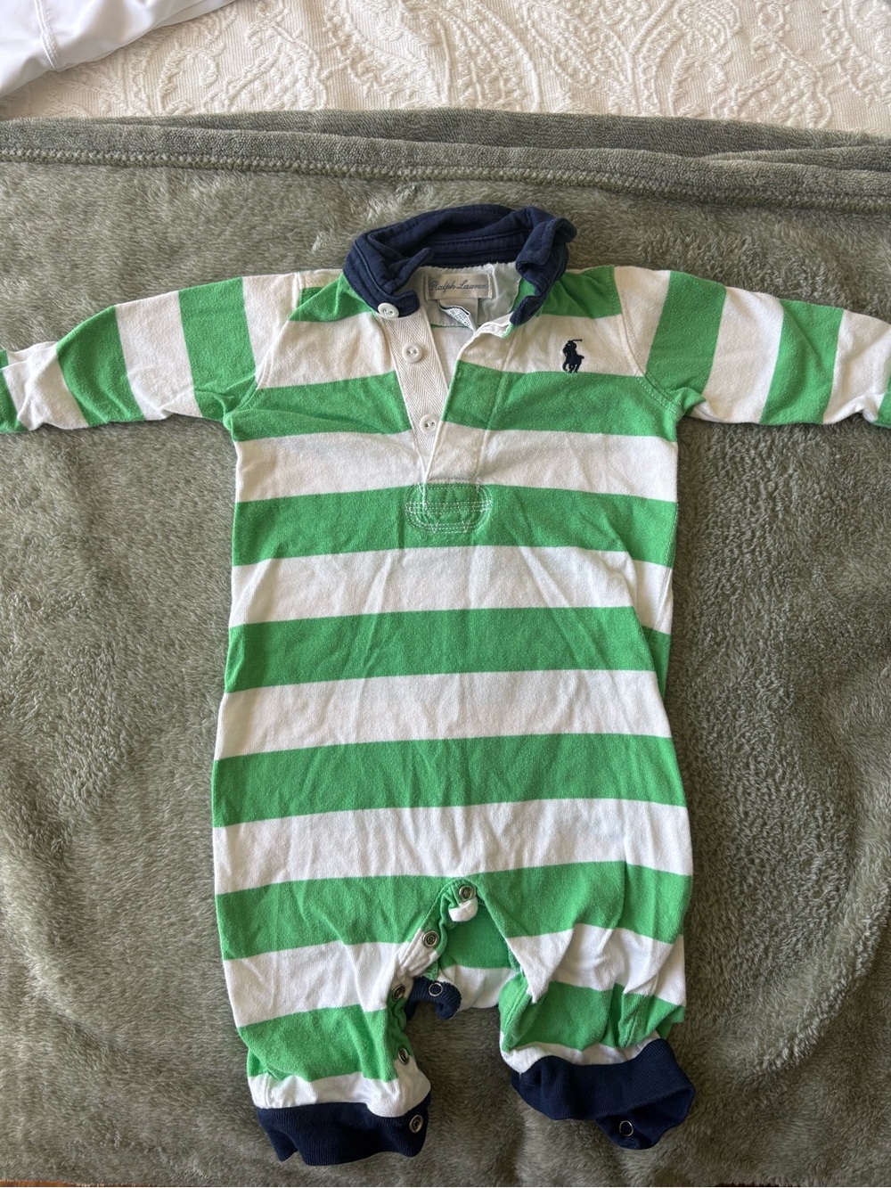 Ralph Lauren Green & White Striped Rugby One-Piece with Navy Collar
